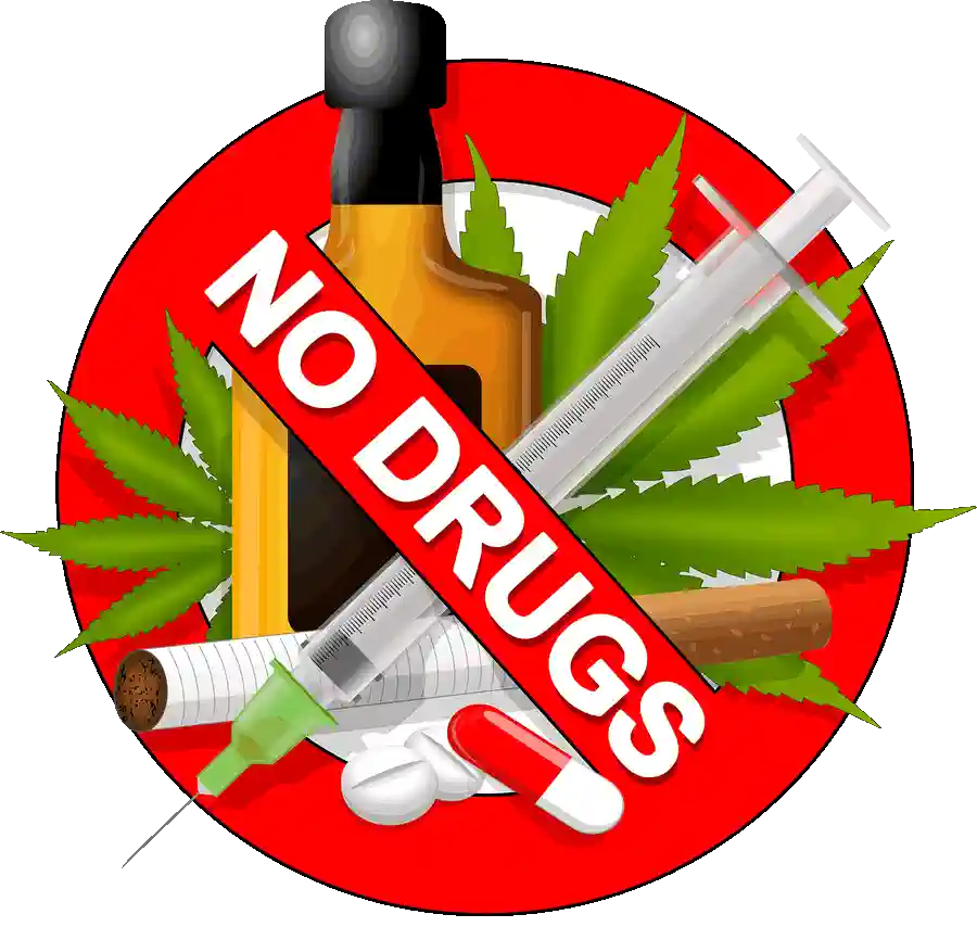 Rotes Schild mit symbolhafter Darstellung von Drogen, durchgestrichen mit dem Text „No Drugs“