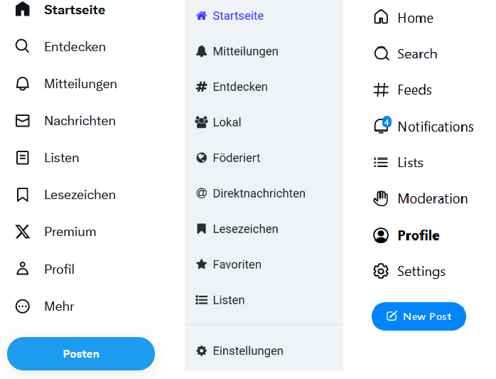 Die Menüs von Twitter/X, Mastodon und Bluesky nebeneinander gelegt.